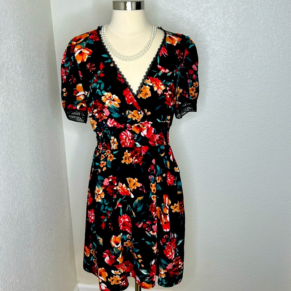 SHEIN Black Medium dress with floral  design stretchy waist gently used .